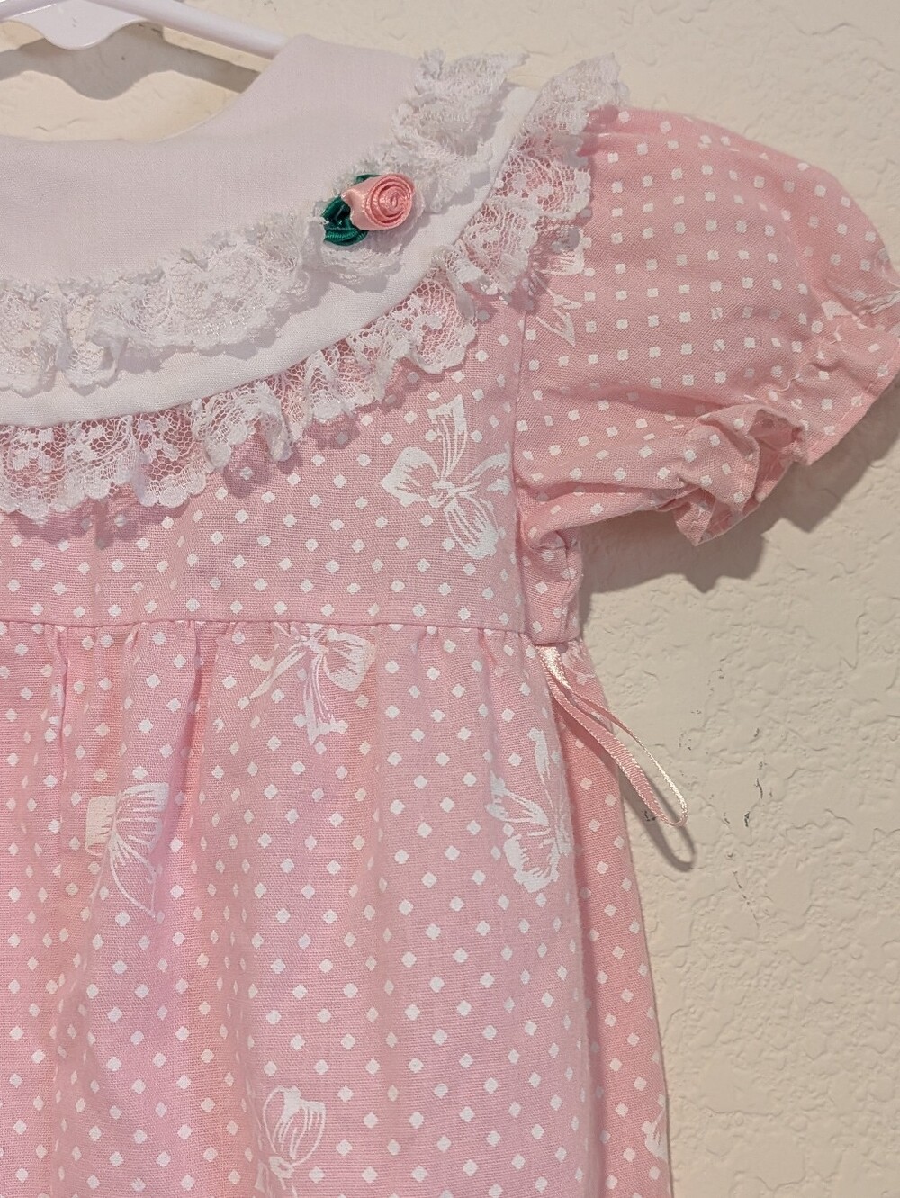 Vintage Cutest One 90s Pink White Polka Dot With Bows Baby Romper jumper 12M